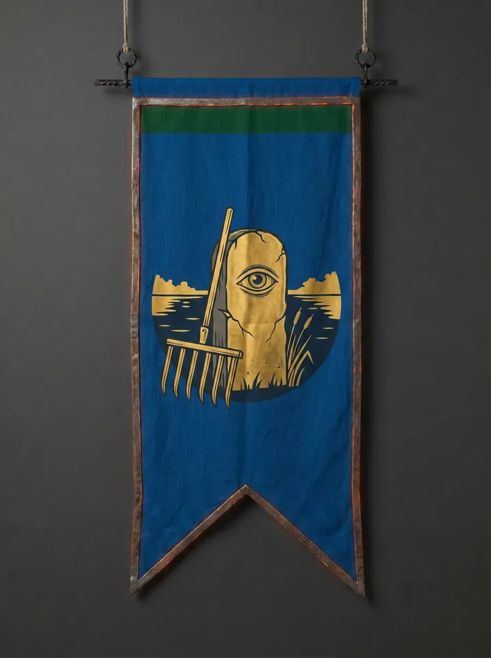 The banner of Aldemarch: An old boundary march-stone with a harrow leaning against it, a single eye carved into the stone's face, still mere water behind.
