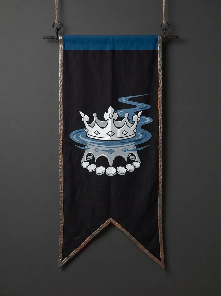 The banner of Aelvarion: A coronet resting on the surface of a slow river without sinking, its reflection showing a ring of coins where the points should be.