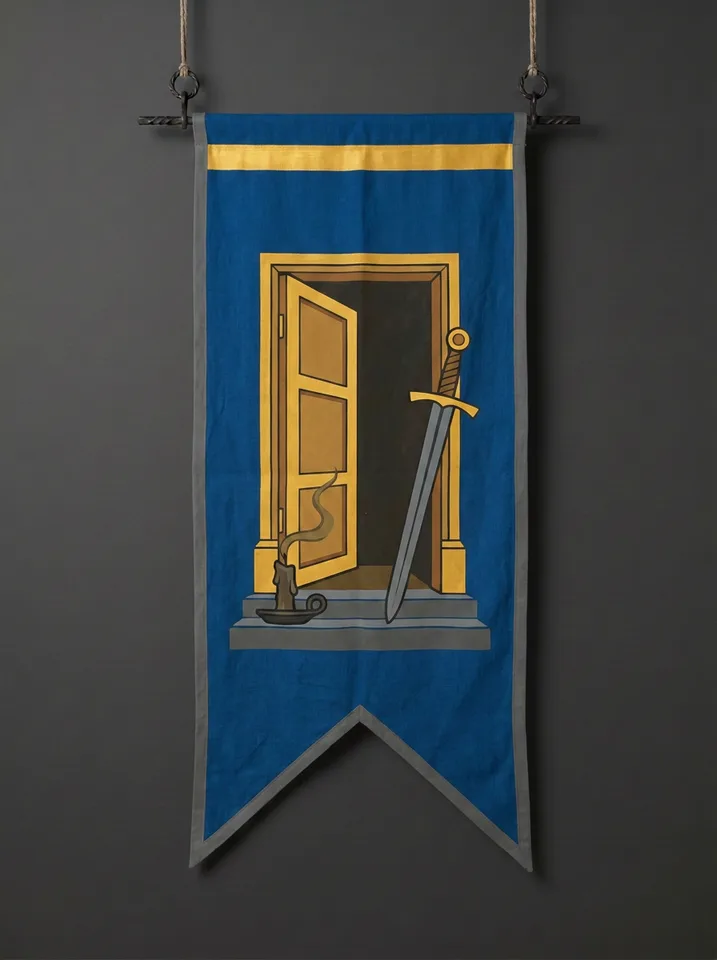 The banner of Meldrath: A great library door standing ajar on a dark empty room, a war-sword leaning against the jamb, a snuffed candle on the stone step.