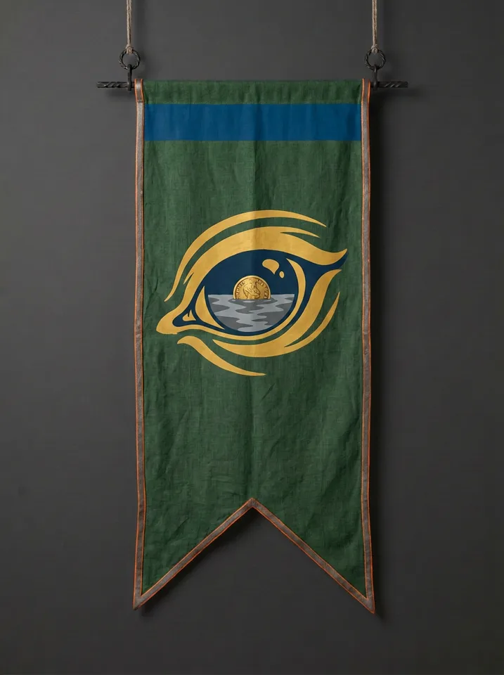 The banner of Lysathiel: A heron's eye reflected in grey mere water, one drowned coin visible inside the pupil.