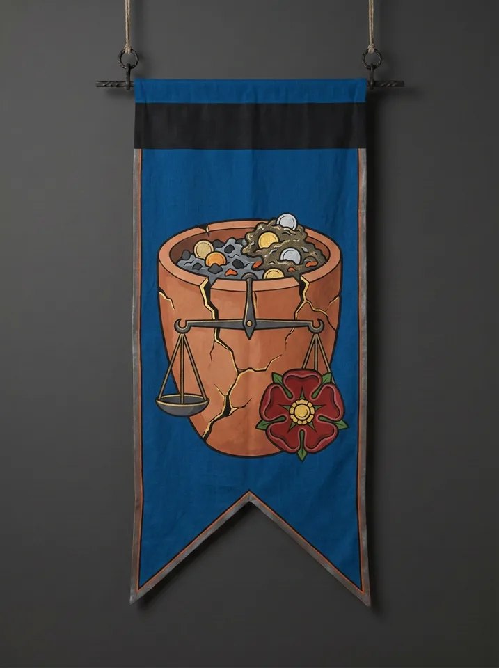 The banner of Cindralis: A cracked crucible full of cooling cinders with silver coins fused into the slag, a balance-beam laid across its rim, a five-petalled rose beside it.