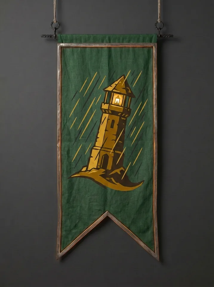 The banner of Sturmhalt: A storm-bent watchtower on a hook of land, a shrine lamp burning unshaken in its topmost window, rain slanting past.