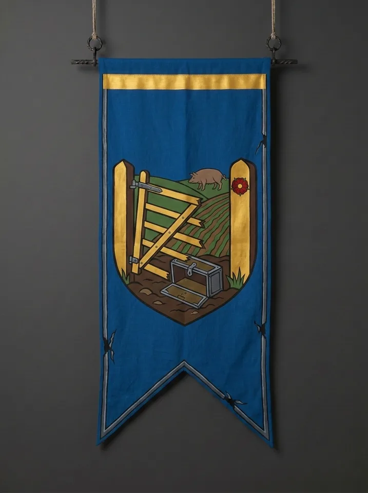 The banner of Farrowgate: A field gate broken off its hinges with a spilled strongbox in the mud beneath it, a sow and a furrow beyond, a five-petalled rose carved on the gatepost.