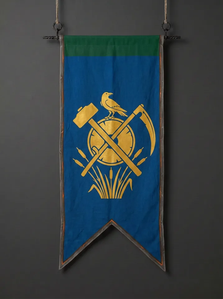 The banner of Grivane: A blacksmith's hammer and a scythe crossed over a millstone, a crow perched on the hammer's head, marsh reeds below.