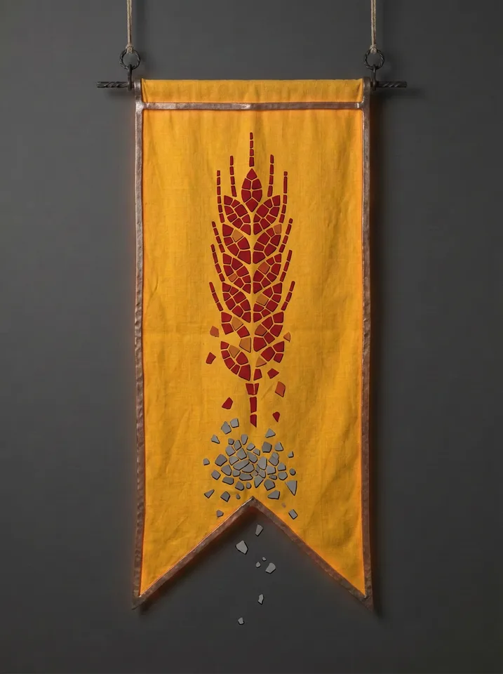 The banner of Tessarel: A mosaic of small clay tiles forming the shape of a wheat ear, half the tiles fallen away into grey ash below.