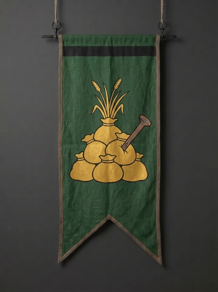 The banner of Drusenberg: A hill of stacked coin-bags with sedge growing from the topmost one, a smith's punch driven into the hill's side.