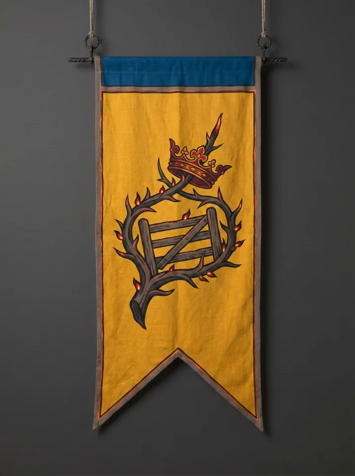 The banner of Serathorne: A thorn branch grown across a road gate, a small coronet impaled on its longest thorn, embers glowing along the length of the branch.
