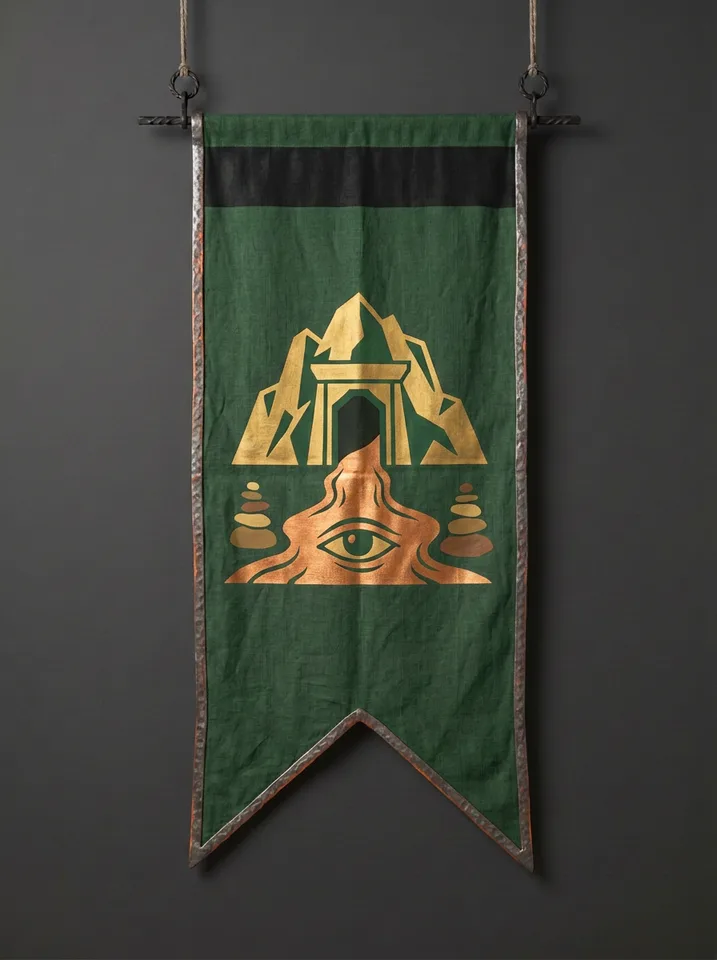 The banner of Drennhold: A copper-bright river mouth pouring out of a mountain gate, a watching eye in the surface of the water, frontier cairns on both banks.