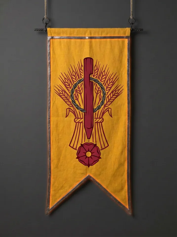 The banner of Skarveth: A whittled wooden tally-stick standing in a sheaf of barley, a toll-chain looped through a notch cut in it, a five-petalled rose at the base.