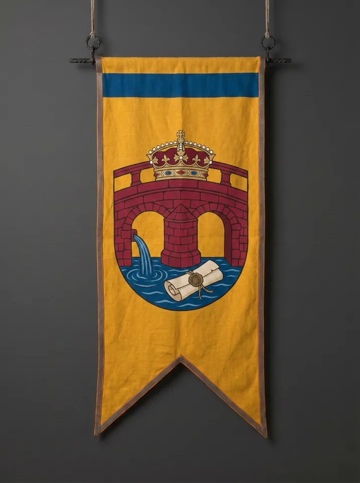 The banner of Quellborne: A spring welling up at the foot of a bridge pier, a sealed commission floating on the water, a coronet resting on the bridge rail above.