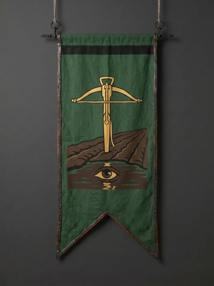 The banner of Umbermere: A crossbow quarrel standing upright in a ploughed furrow beside dark umber water, a single eye reflected in the water's surface.