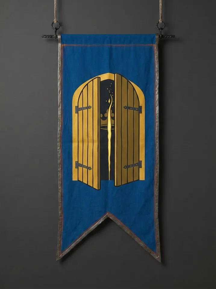 The banner of Vorlaine: A lamp burning behind a shuttered gate with its light escaping in one thin line, a coronet just visible in the darkness behind the shutters.