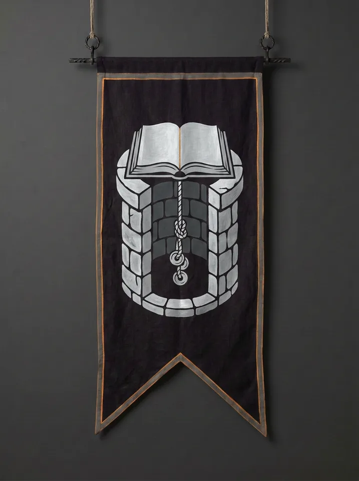 The banner of Sarventhal: A deep stone well with an open book laid across its mouth as a lid, a rope of knotted coins descending into the dark.