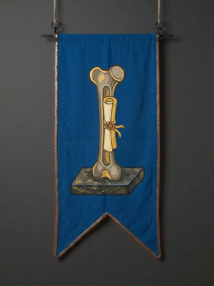 The banner of Marrowe: A hollow bone standing upright on a wet whetstone, a rolled writ pushed through the bone's marrow channel.