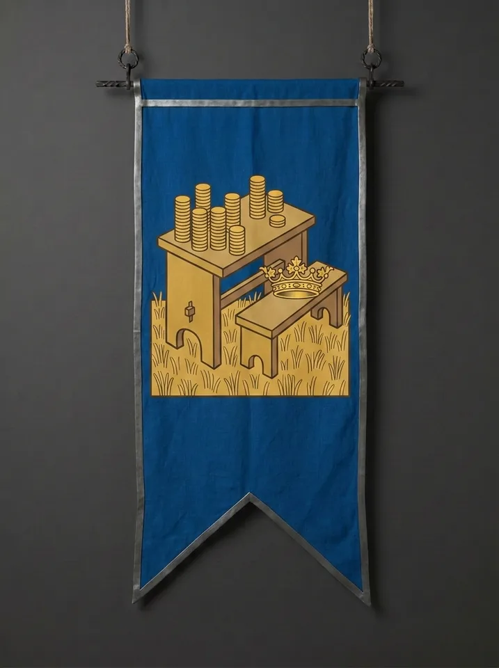 The banner of Valdrenne: A counting-table standing out in a stubble field, coins stacked in neat columns along its top, a coronet resting on the empty bench beside it.
