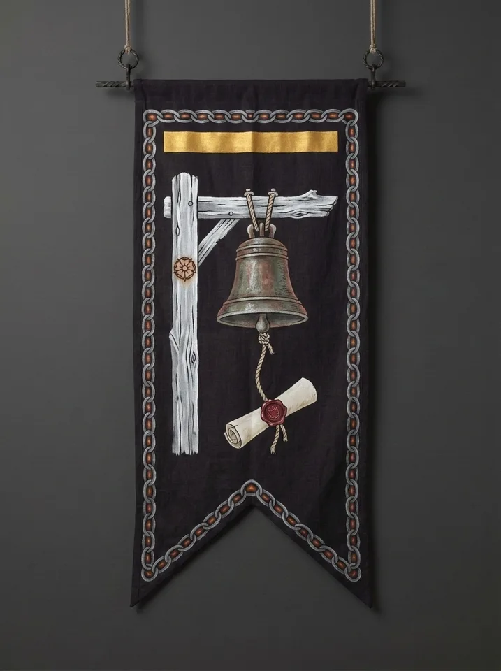 The banner of Dunmoral: A temple bell hung from the crossbar of a cattle gate, a wax-sealed writ tied to the bell-rope, a five-petalled rose burnt into the gatepost.