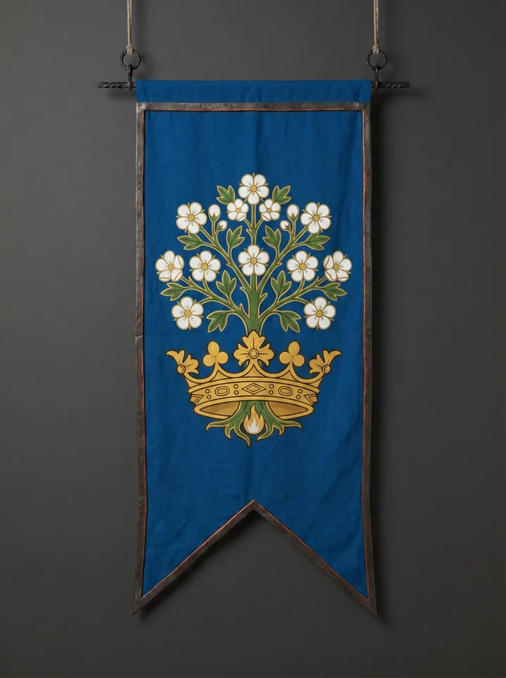 The banner of Caelithil: A whitethorn in full blossom grown up through the circlet of a coronet, a small votive flame at its root.