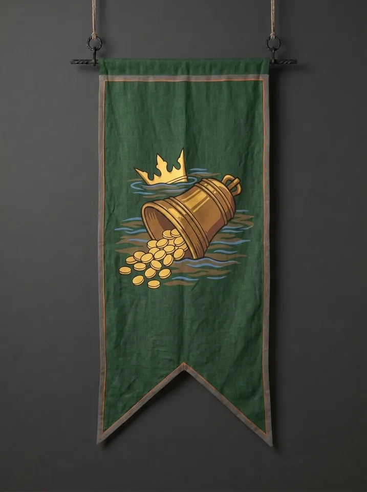The banner of Verrigan: A drowned bell lying on its side in fen water with coins spilling from its mouth, the point of a coronet breaking the surface nearby.