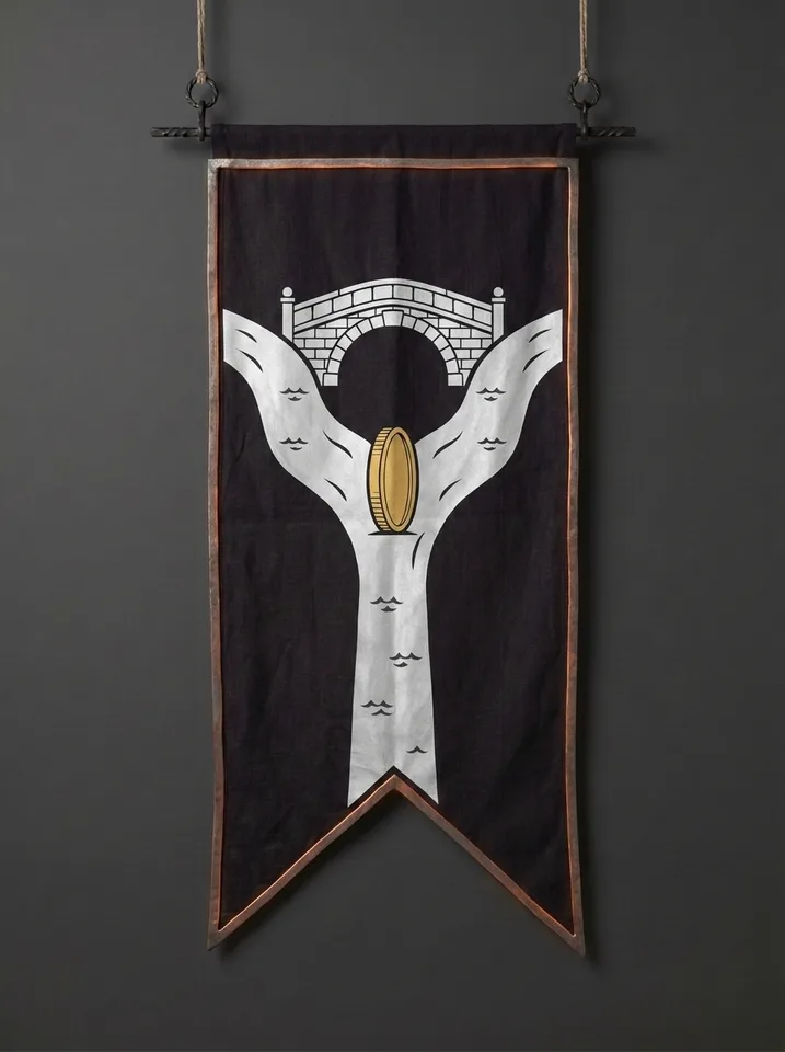 The banner of Nuirendil: Three streams meeting beneath a single arched toll bridge, one coin standing balanced on its edge at the exact centre of the confluence.