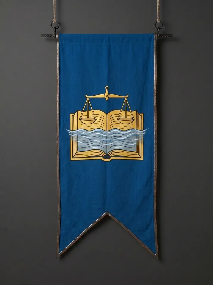 The banner of Ythelas: An open book lying beneath clear silver water with its pages still legible through the surface, a balance-beam floating above it.