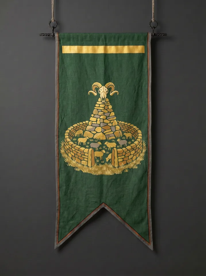 The banner of Belcarrow: A frontier watch-cairn built into the wall of a sheepfold, a ram's skull mounted on the cairn, close-cropped turf all around.