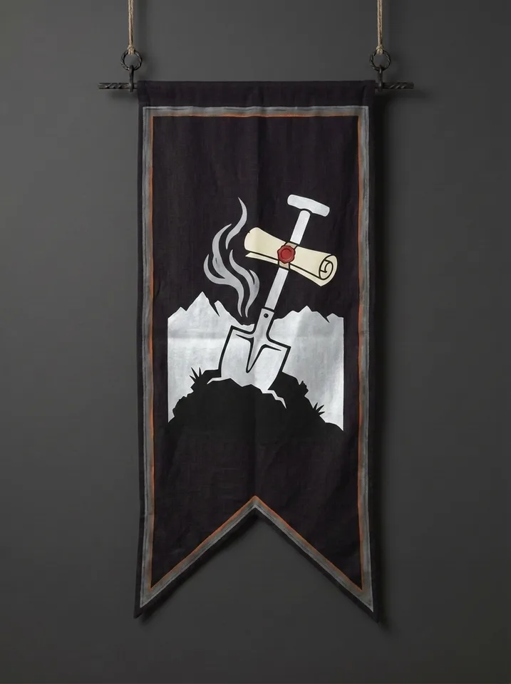 The banner of Kazdrun: A peat-cutter's iron spade driven into black turf with a sealed contract skewered on its handle, forge-smoke rising from the cut, a mountain behind.