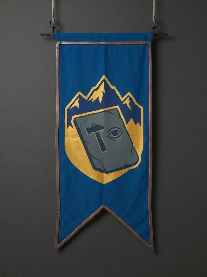 The banner of Vurrgast: A slate roof-tile stamped with a smith's hammer-mark, one eye scratched into the slate beside the mark, a mountain behind.