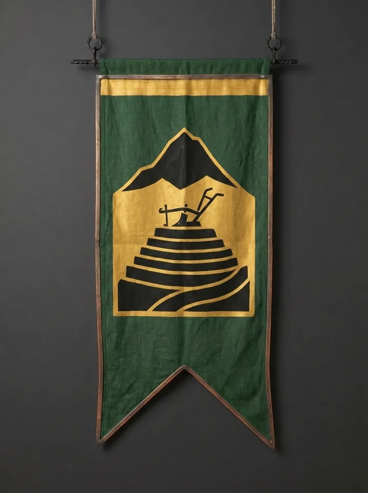 The banner of Vaddrek: A black fell-side terraced into narrow grain plots, an iron plough-share standing upright on the highest terrace, a mountain above.
