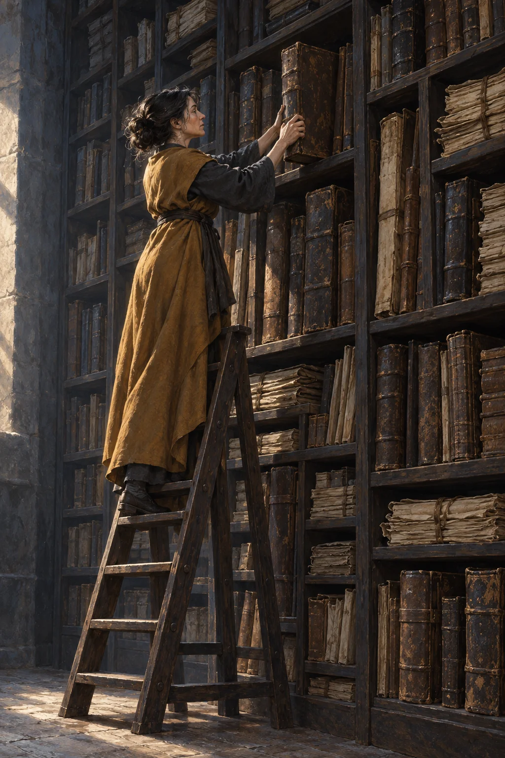 An archive clerk stands on a wooden ladder and retrieves a large folio from shelves crowded with bound registers and bundled papers.