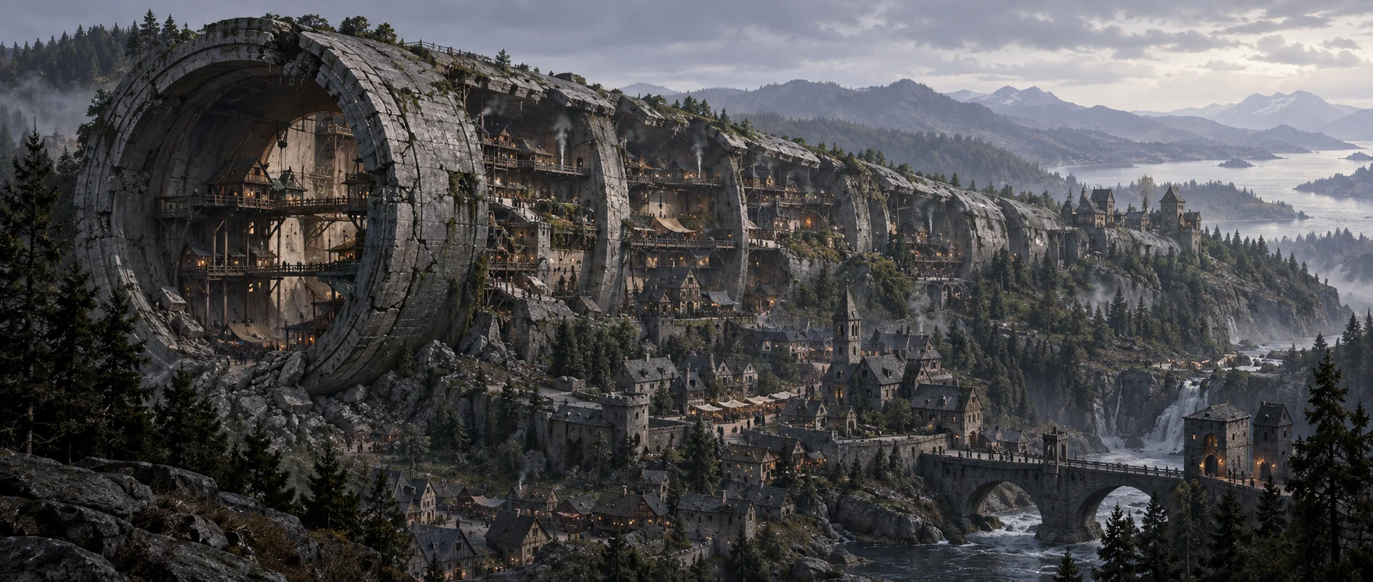 Beamfall: a colossal fallen tower lies across a ridge, its broken side exposing inhabited chambers and wooden terraces.