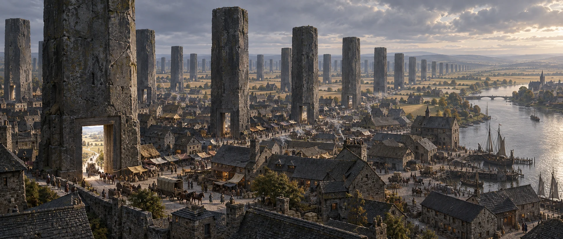 Fetchfield: towering waystone pillars rise in rows above streets, warehouses and carts on a broad agricultural plain.