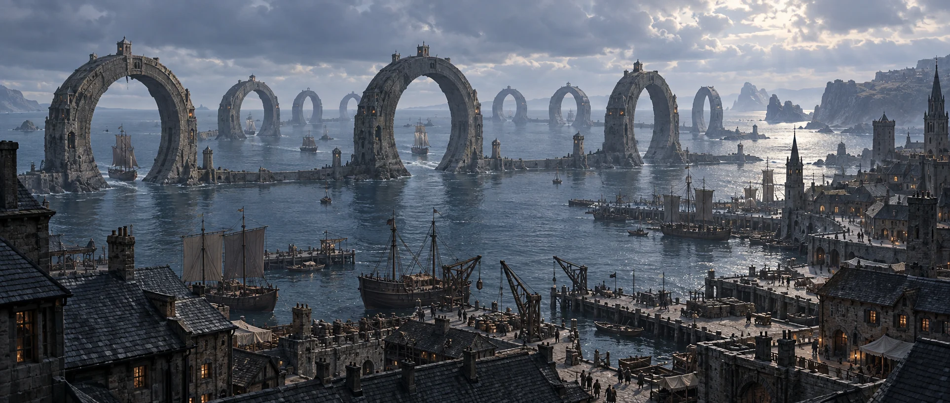 Nine Moorings: enormous upright stone rings enclose a northern harbour, with ships passing through their openings and a city along the shore.