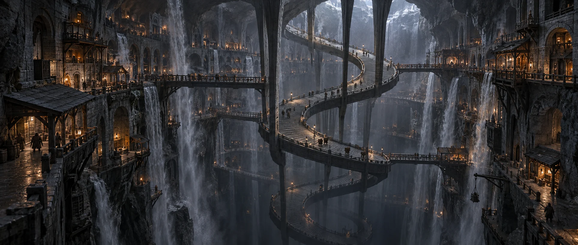 Onegate: a stone spiral stair suspended inside an immense underground shaft, with bridges to inhabited galleries and waterfalls descending into the depths.