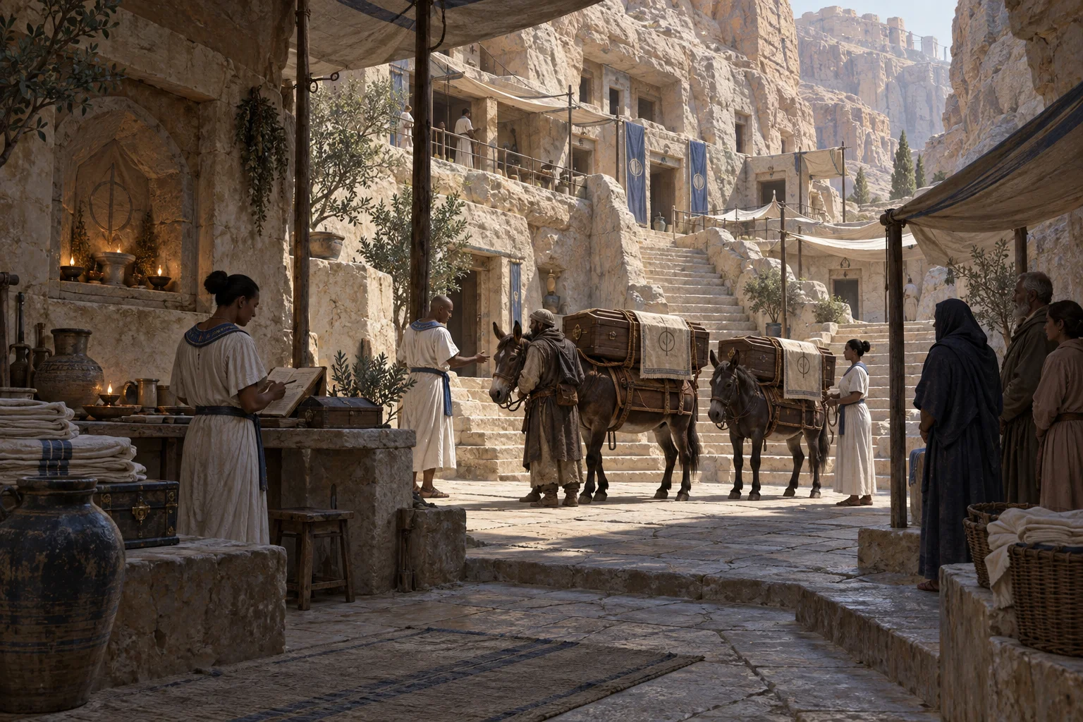 Burial attendants receive a mule caravan carrying closed coffins in a limestone courtyard, beneath linen awnings and rows of canyon burial galleries.