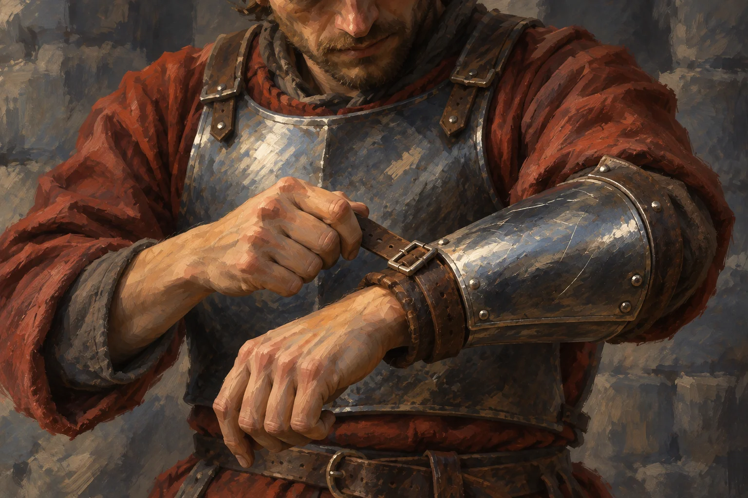 Close view of a soldier tightening a leather strap on a scratched steel forearm guard.