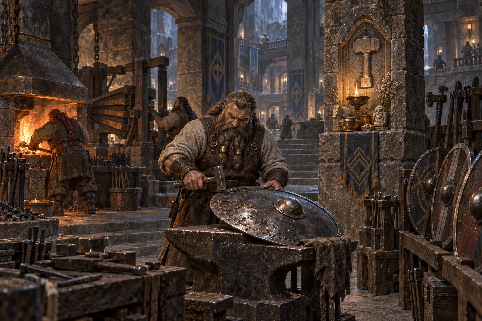 A dwarven priest-smith repairs a shield at an anvil beside a hammer shrine, while apprentices tend the furnace in a stone forge-temple.