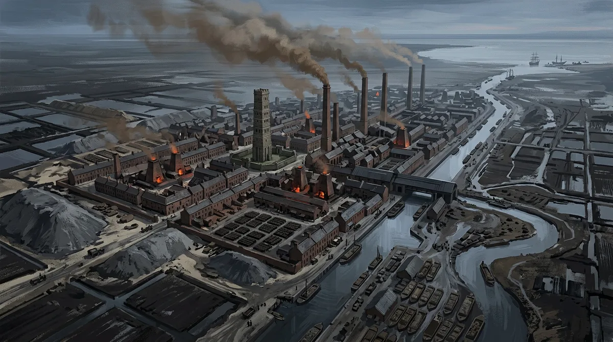 Nineteen furnaces on the sand bank, and the pig going out by barge.